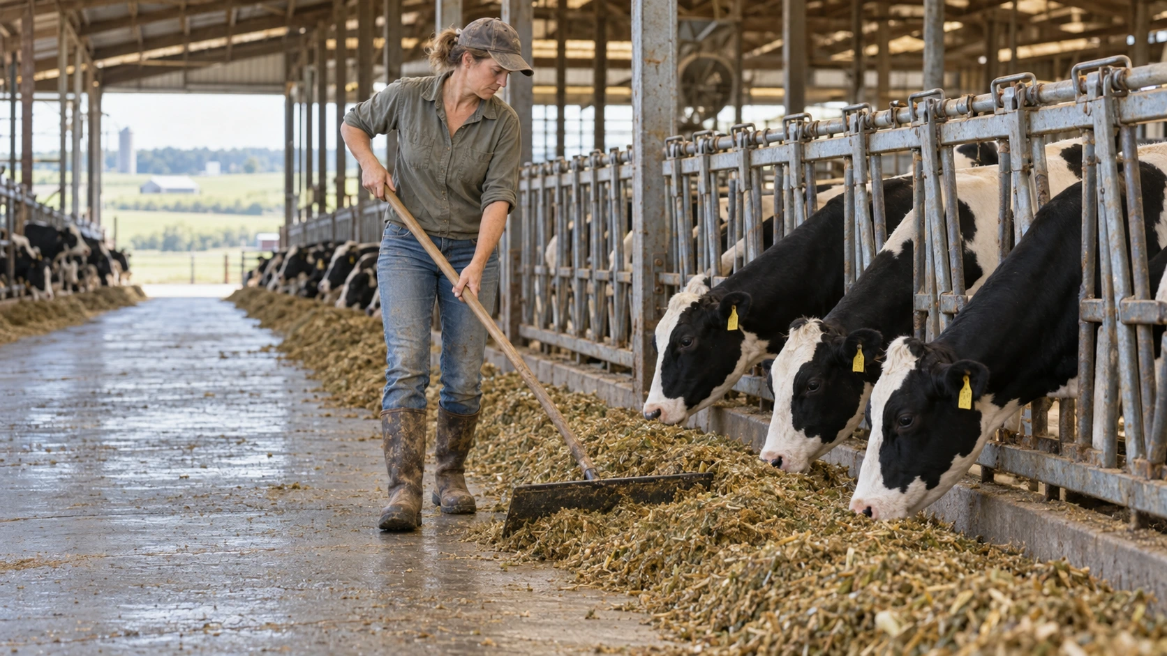 A dairy farmer pushing mixed ration toward Holstein cows in a working barn, photographed with clear natural detail