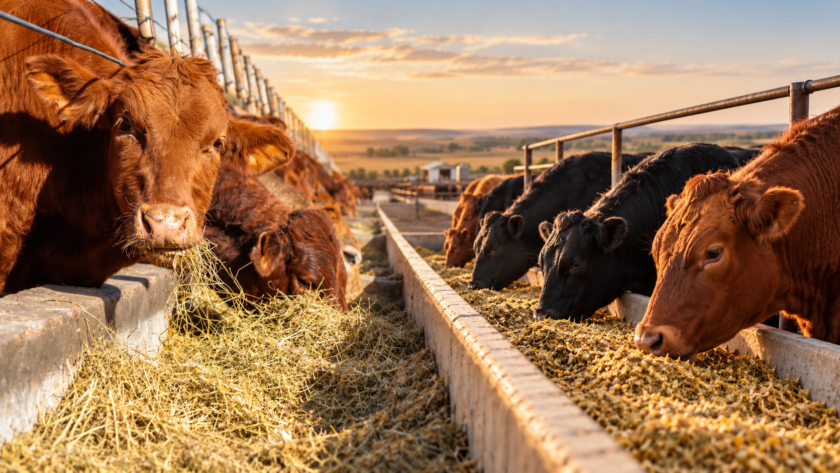 Red beef cattle feeding from a concrete trough in warm afternoon light