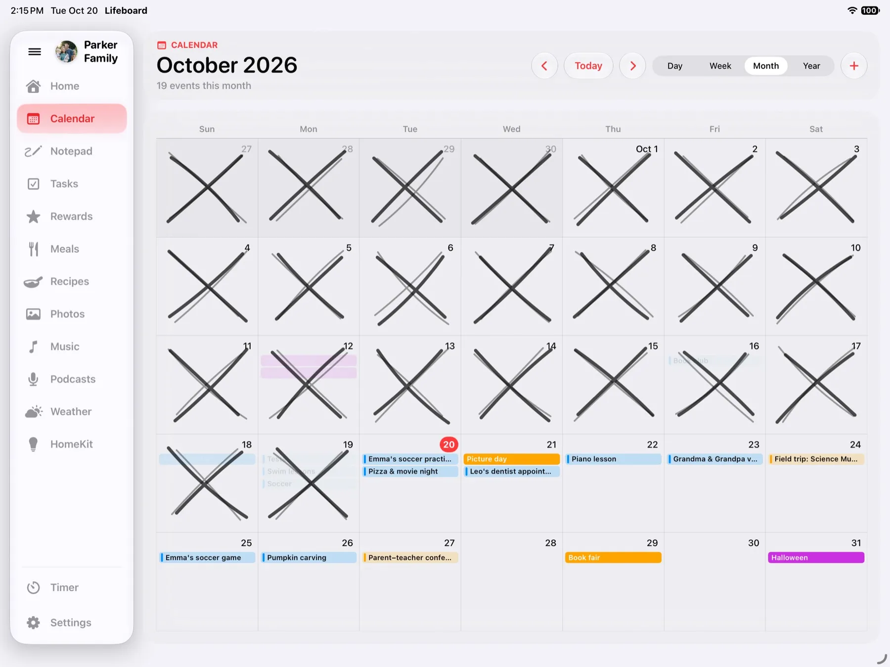Shared family calendar on iPad from Apple Calendar, with each person's plans in their own color