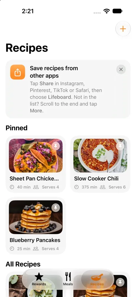 Lifeboard on iPhone showing the family's recipes and a tip about saving recipes from other apps