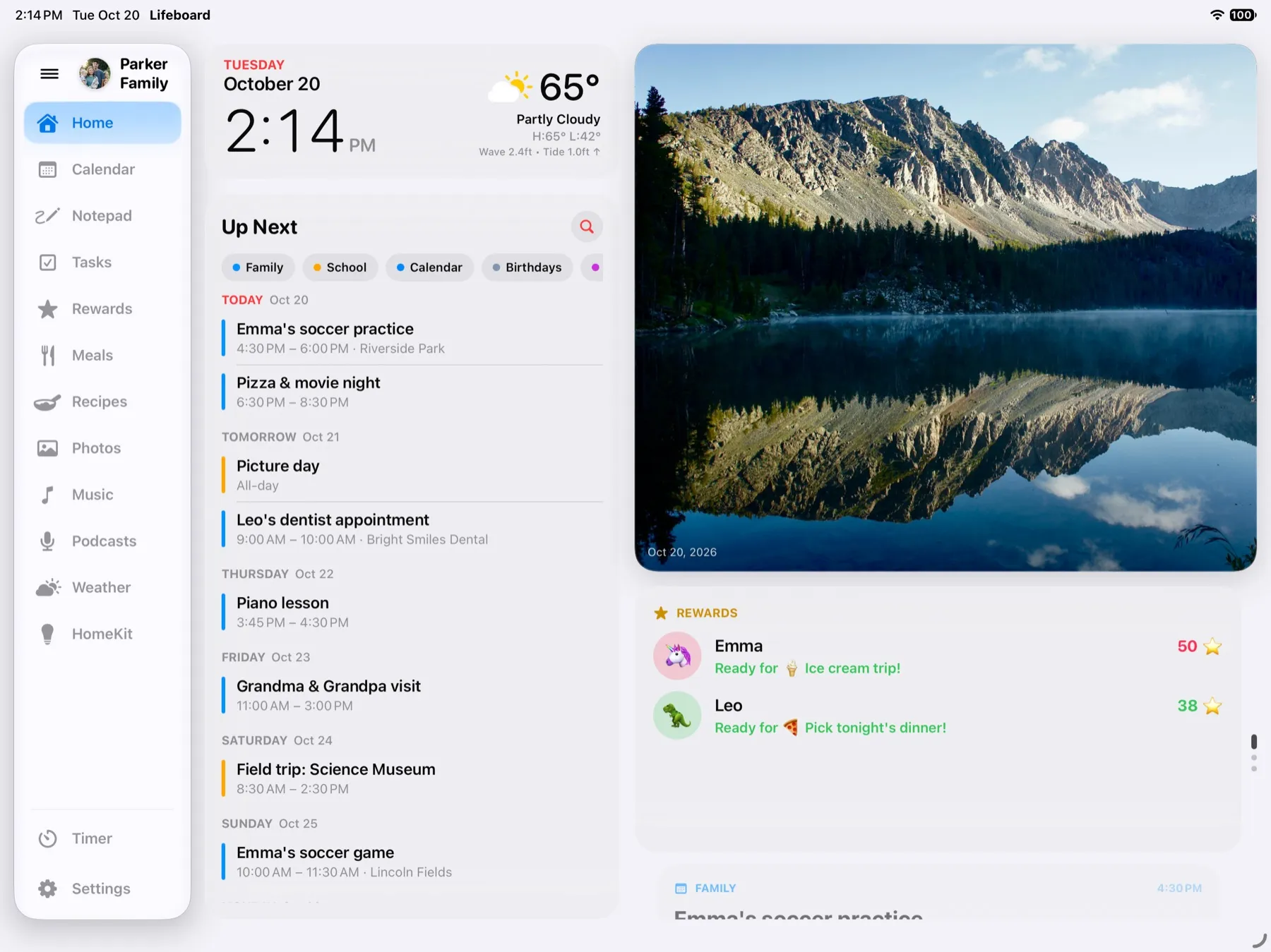 Lifeboard's Home screen on an iPad: the time and weather, upcoming family events, a photo and kids' reward points