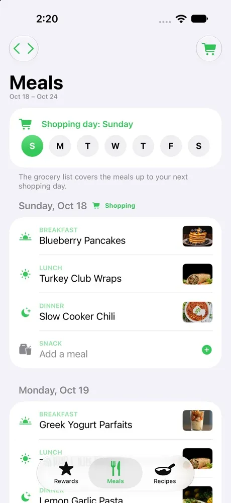 Lifeboard on iPhone showing the week's meals and the shopping day picker