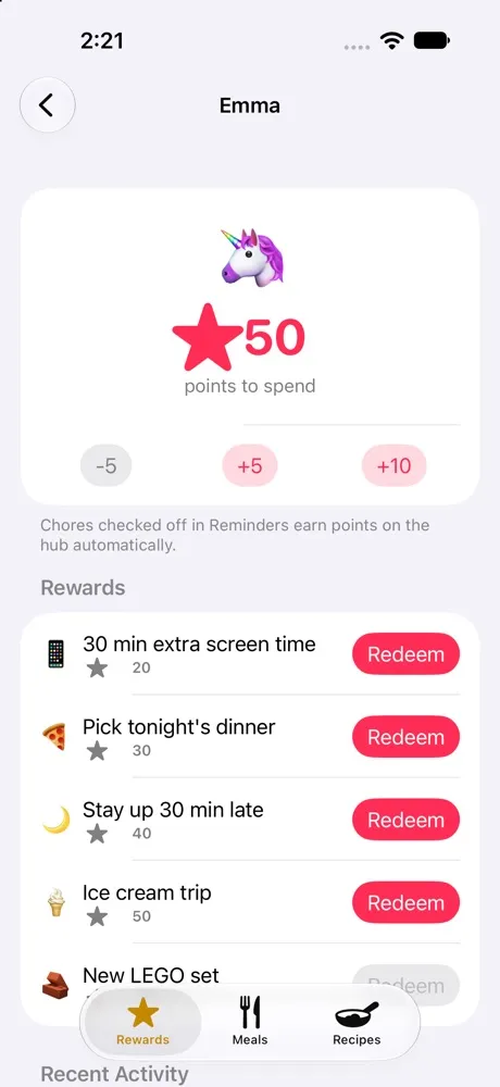 Lifeboard on iPhone showing Emma's points, bonus buttons and rewards
