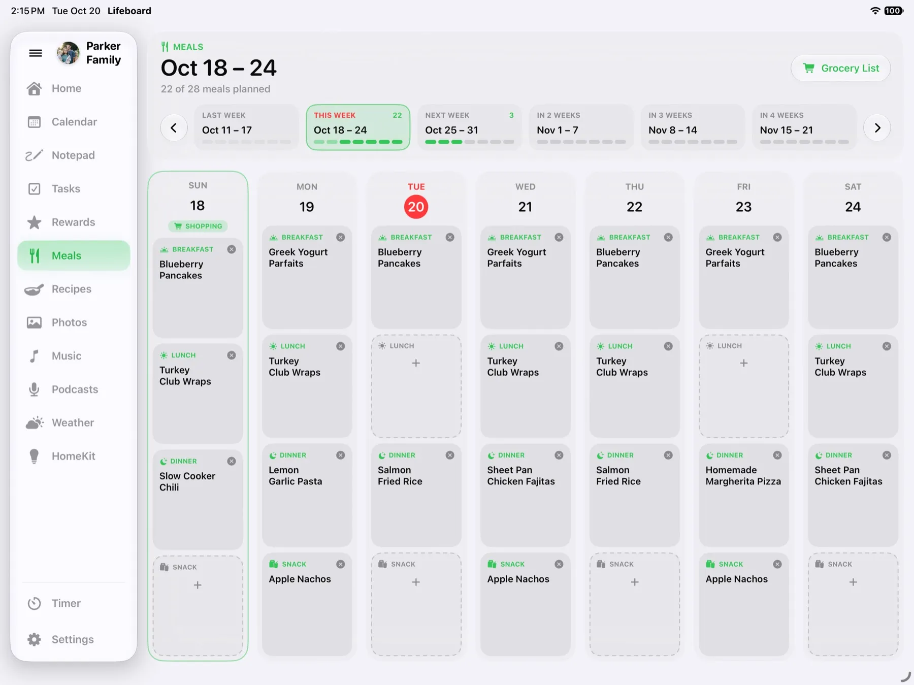 Weekly meal planner on iPad that builds the family grocery list