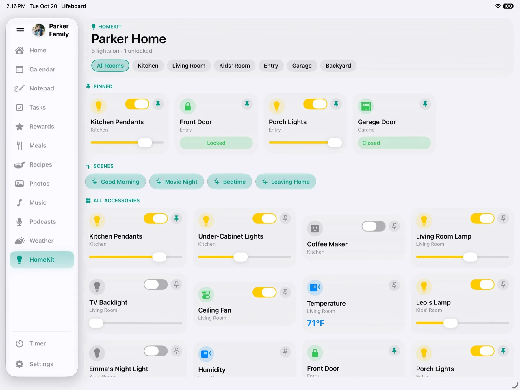 Apple Home controls on iPad for lights, locks, scenes and cameras