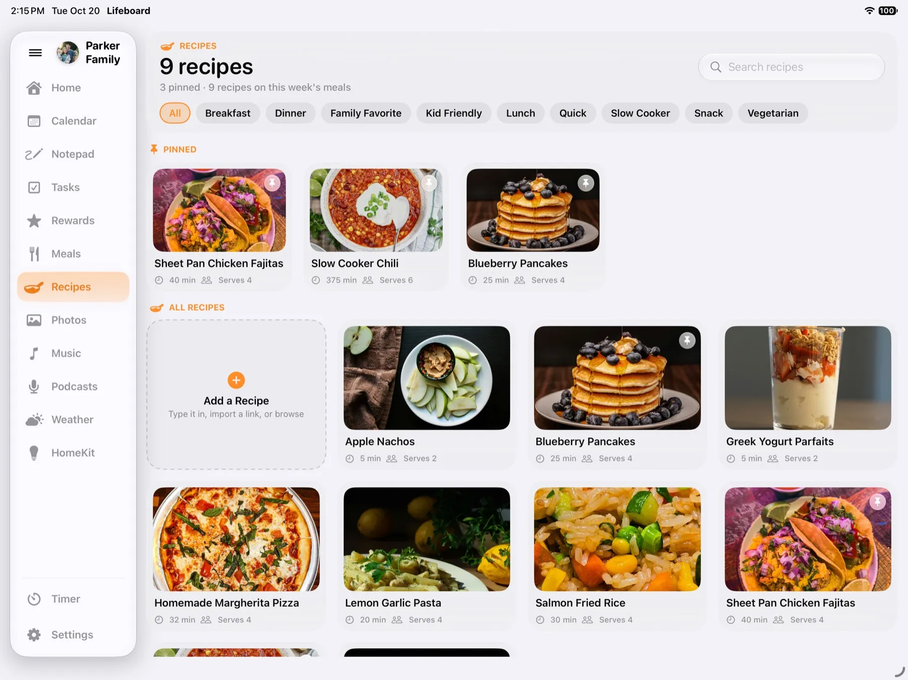 Family recipe box on iPad with recipes saved from the web and social apps