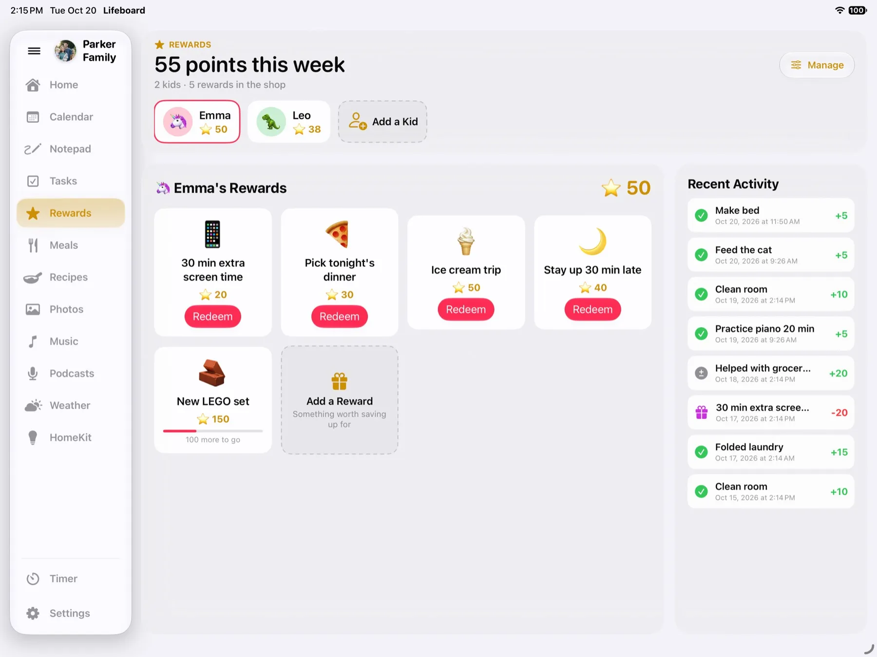 Rewards screen showing each kid's points and the rewards they're saving for