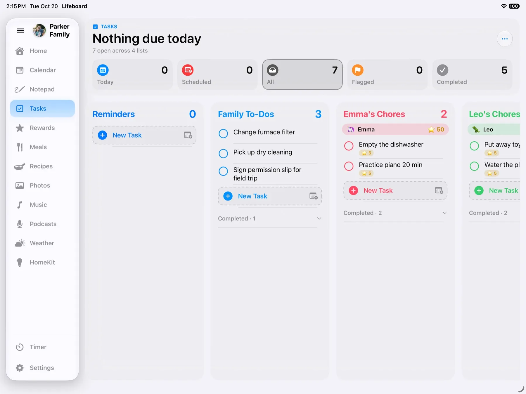 Kids' chore chart on iPad with each child's chores from Apple Reminders