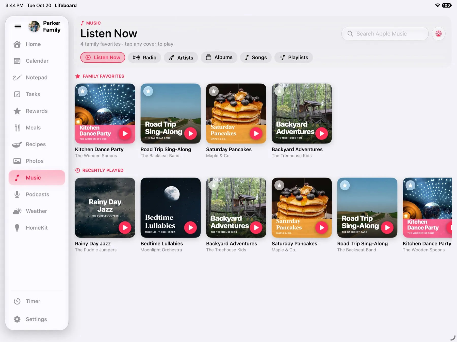 Music and podcasts playing from Apple Music on the kitchen iPad