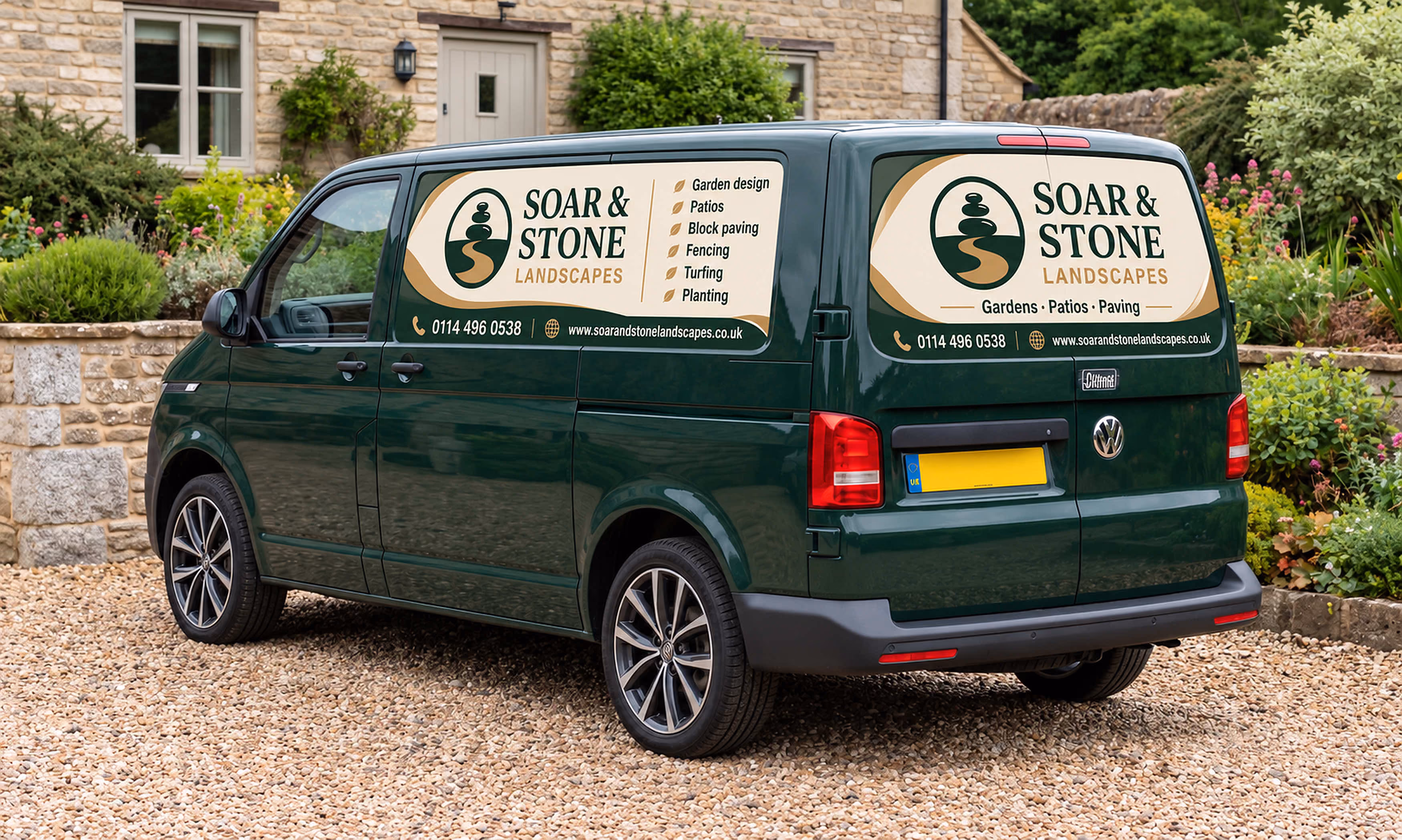 Magnetic van signs on a Volkswagen Transporter for a landscaper, made by FLG