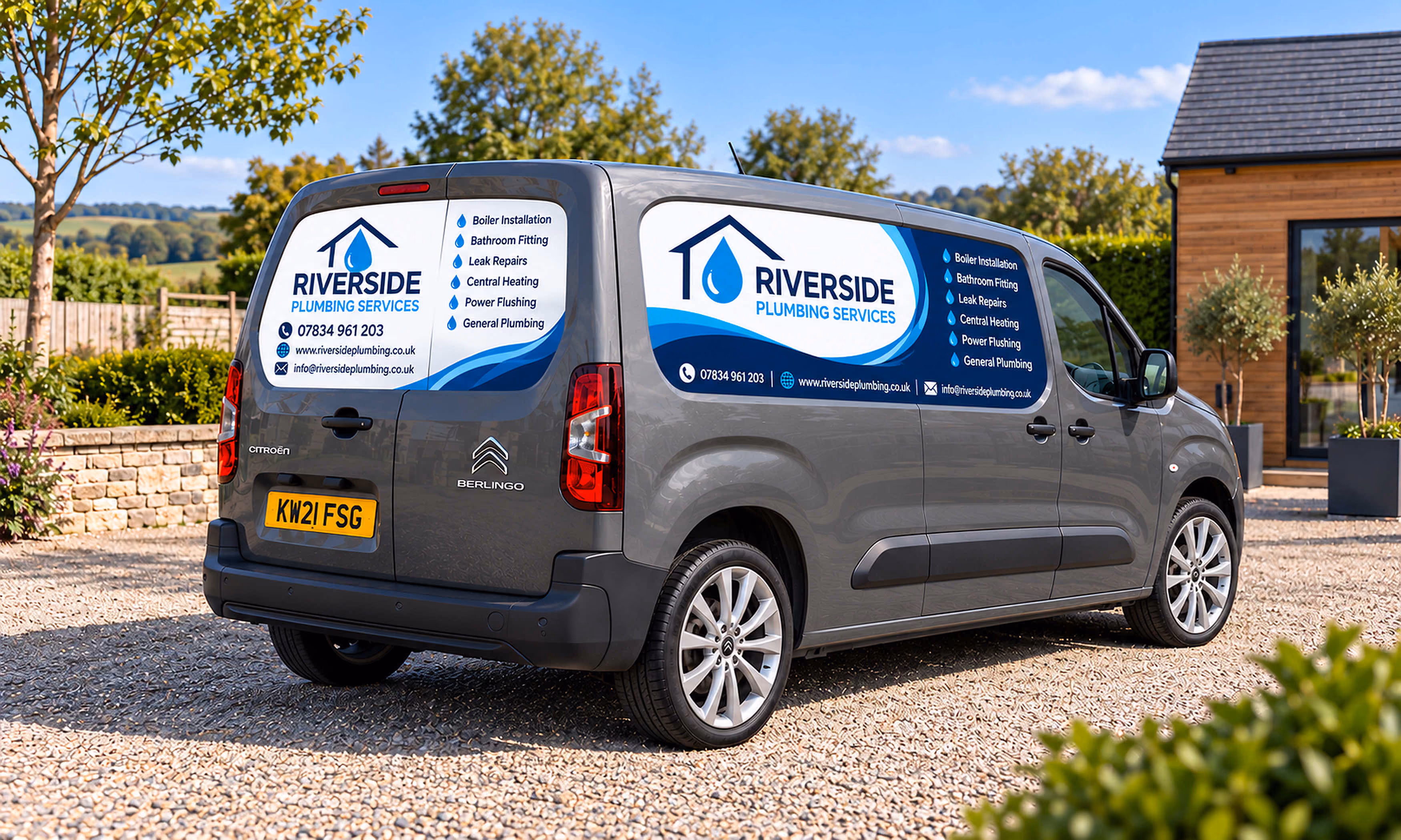 Magnetic van signs on a Citroën Berlingo for a plumber, made by FLG