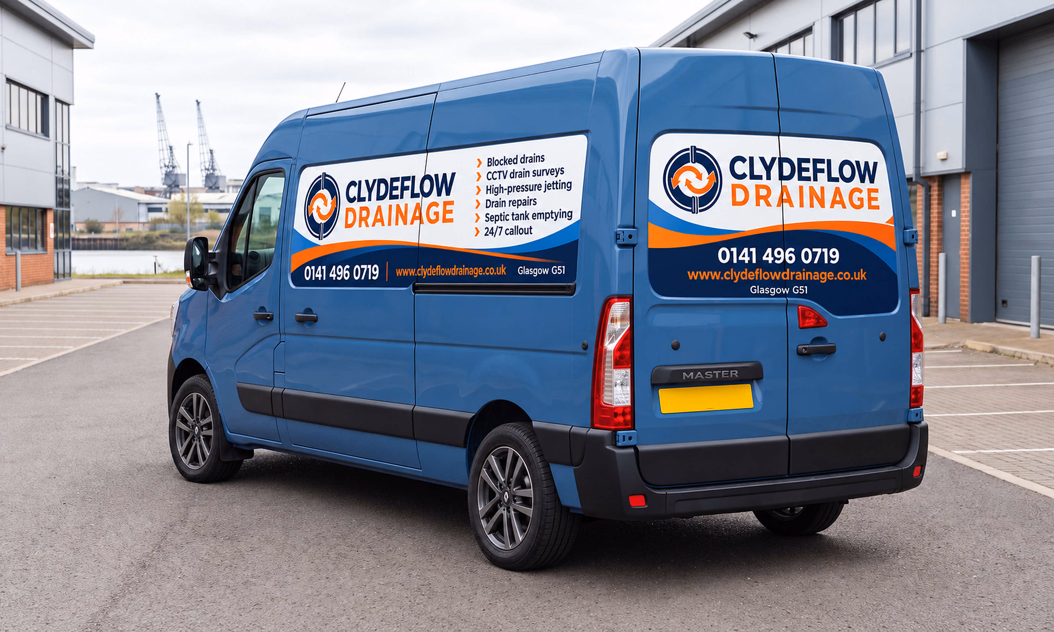 Magnetic van signs on a Renault Master for a drainage contractor, made by FLG