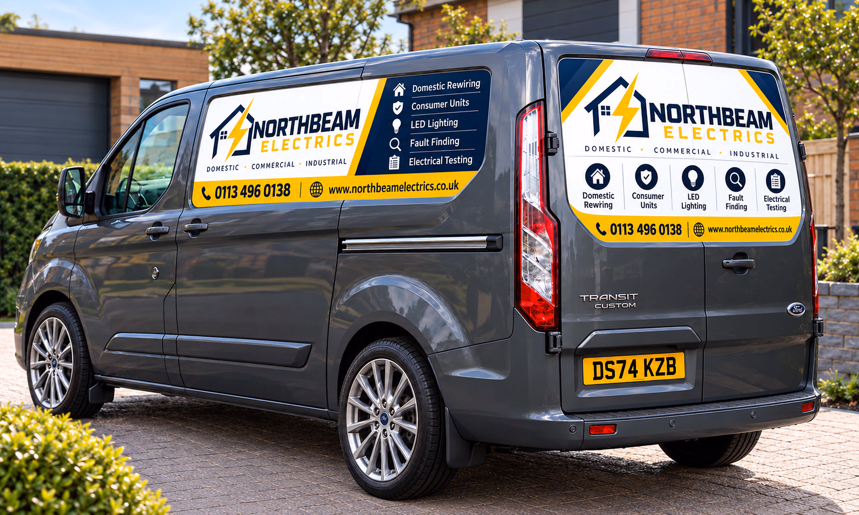 Magnetic van signs on a Ford Transit Custom for an electrician, made by FLG