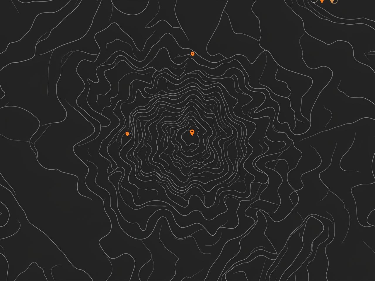 Mappa topografica scura con punti di incontro arancioni