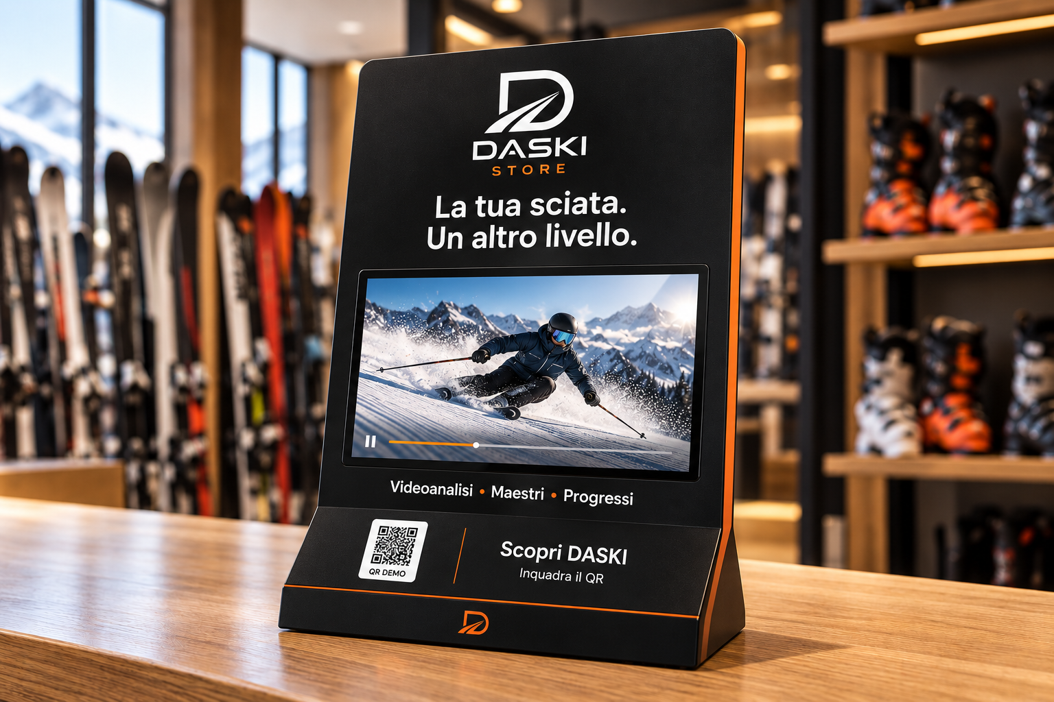 Concept espositore DASKI Store da banco con videoanalisi e QR