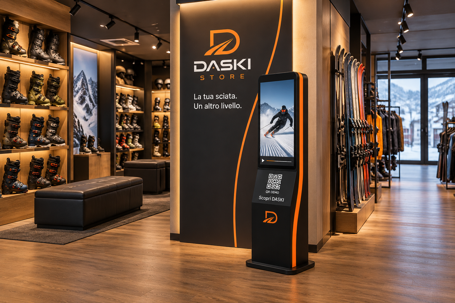 Corner DASKI Store nel negozio di sci, con totem video nero e arancio e parete attrezzatura
