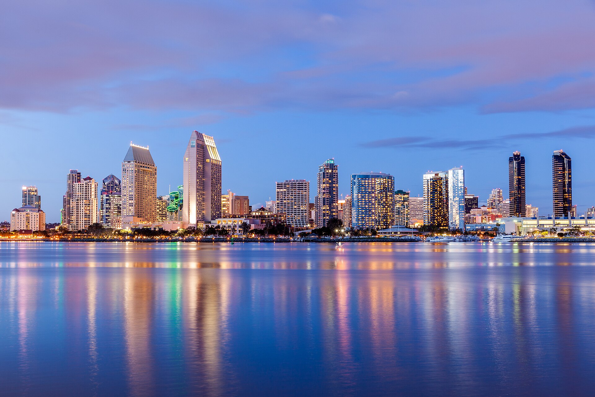 The downtown San Diego skyline at dusk across the bay