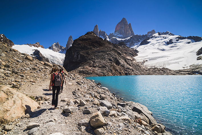 Optional trekking to Laguna de los Tres. Mount Fitz Roy behind. El Chaltén, Santa Cruz.,