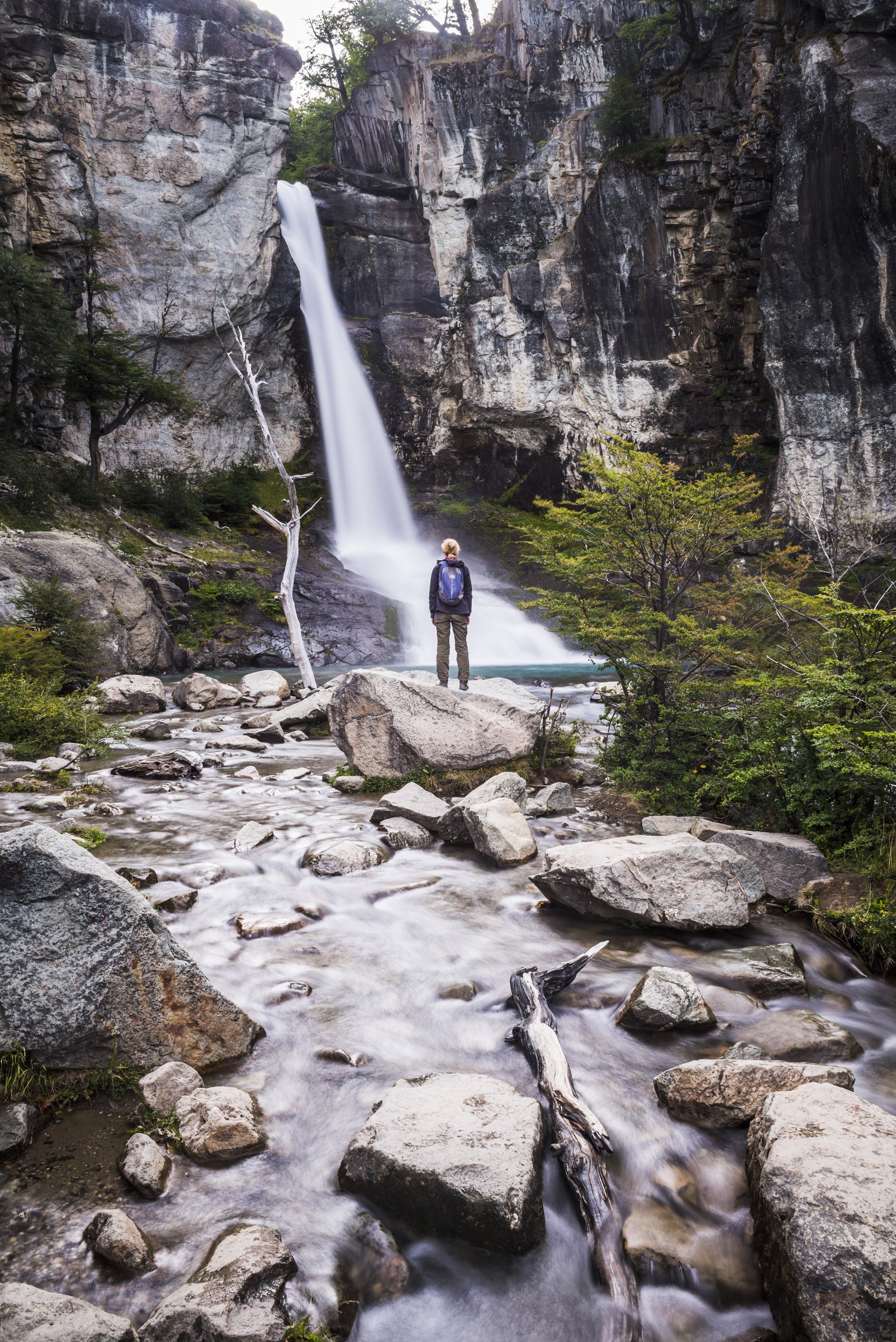 Persona de espaldas contemplando una cascada y arroyo entre rocas y bosque en El Chaltén.
