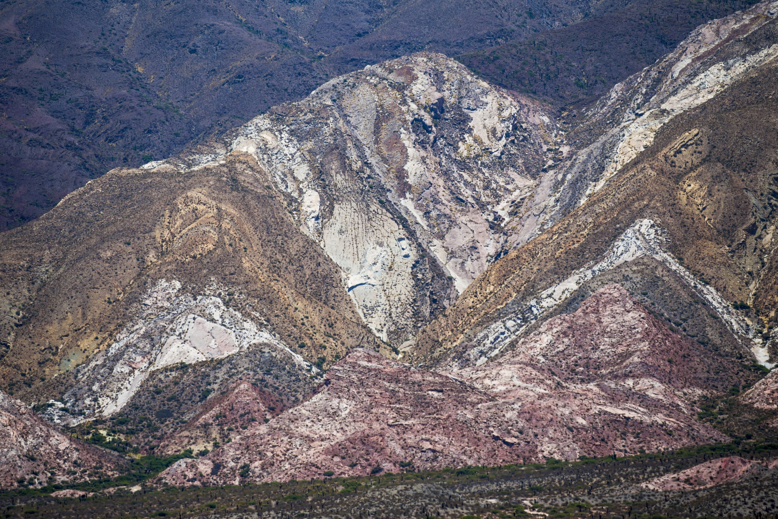 Laderas de montañas áridas con formaciones rocosas de distintos colores y vegetación baja en el Parque Nacional Los Cardones.