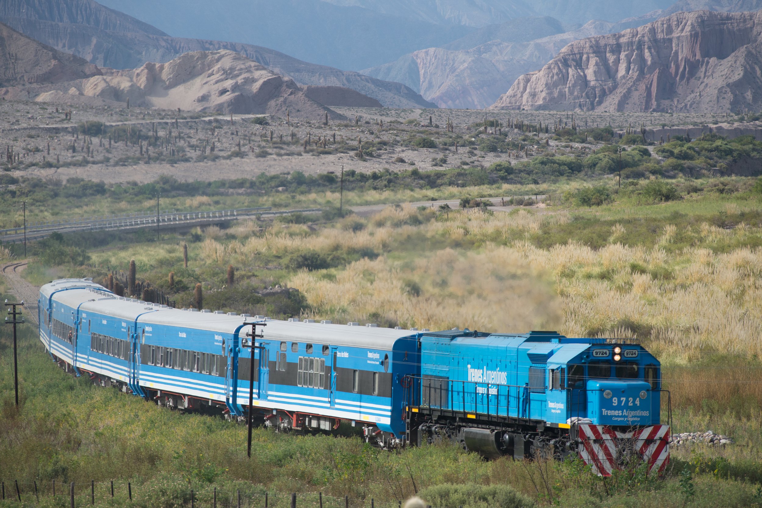 Formación del Tren a las Nubes avanzando por las vías entre vegetación y montañas en Salta