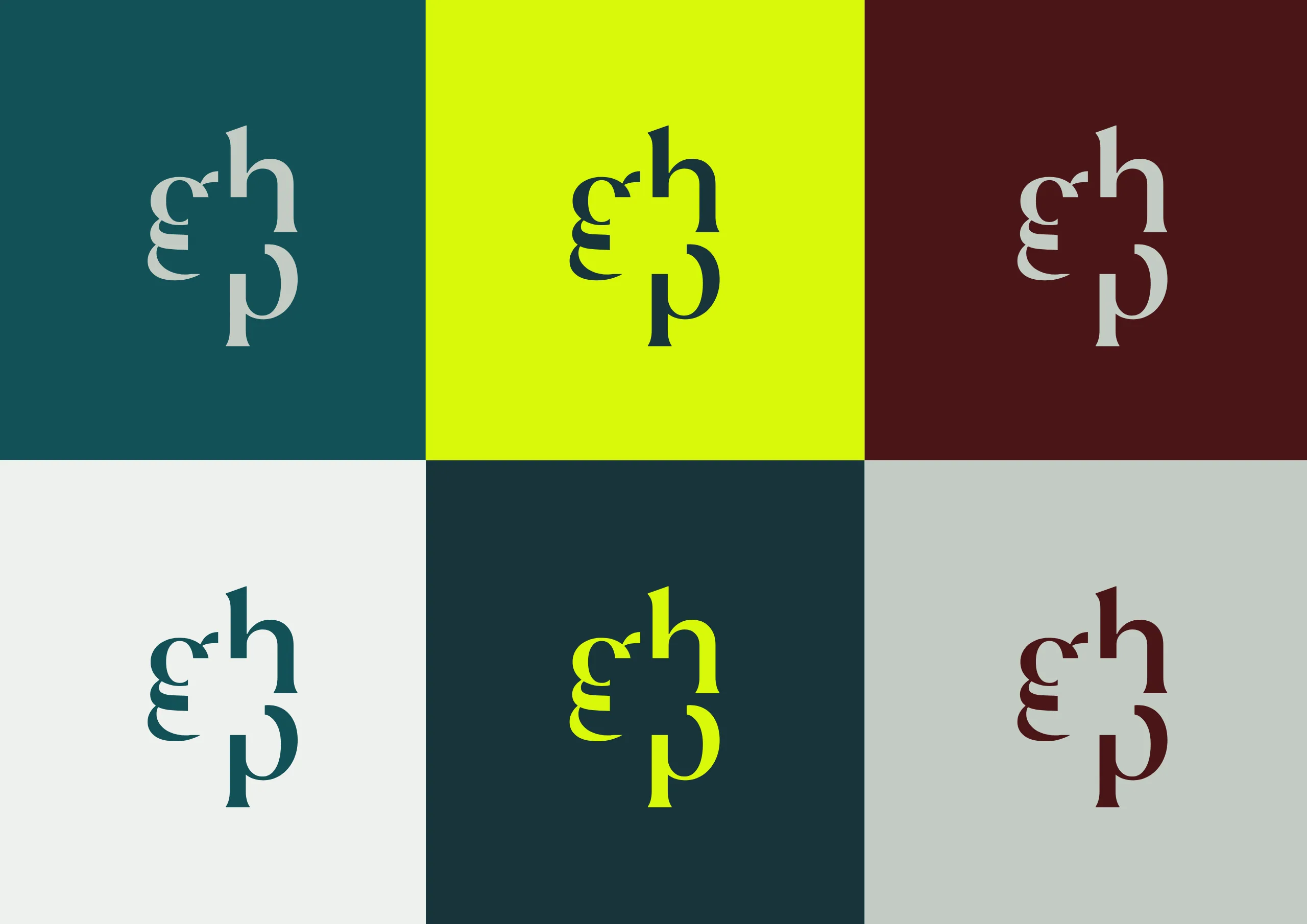 Die ghp-Bildmarke in sechs Farbkombinationen aus Petrol, Neon Lime, Bordeaux und Grau