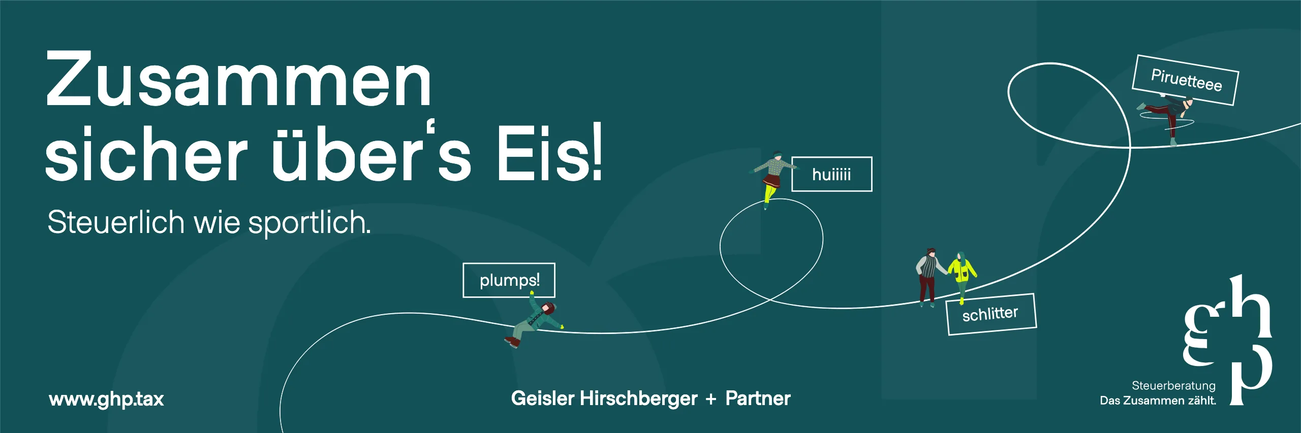 Banner „Zusammen sicher über’s Eis! Steuerlich wie sportlich.“ mit illustrierten Eisläufer:innen
