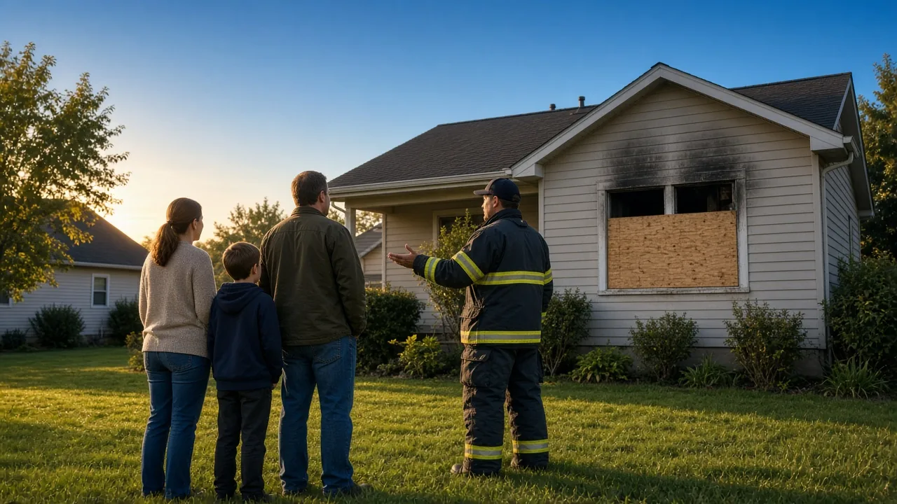 Family standing on their front lawn at golden hour as a firefighter talks with them beside their house, a front window boarded up after a fire