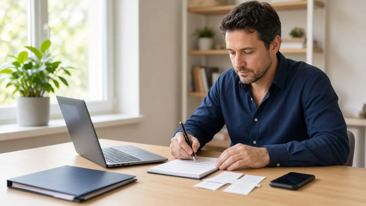 Homeowner at a desk checking off a list on a notepad, with a laptop, a navy folder, receipts and a phone