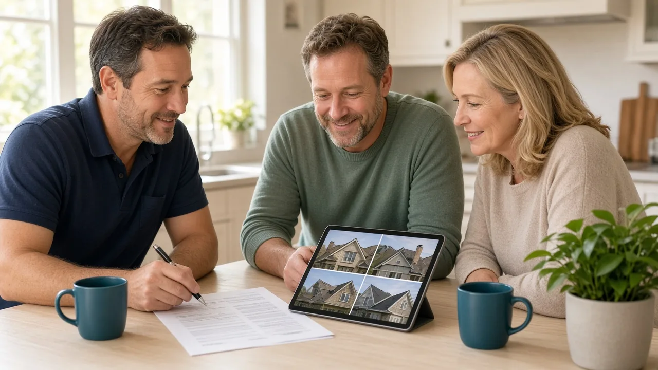 Public adjuster in a navy polo reviewing an estimate and roof photos on a tablet with two homeowners at their kitchen table