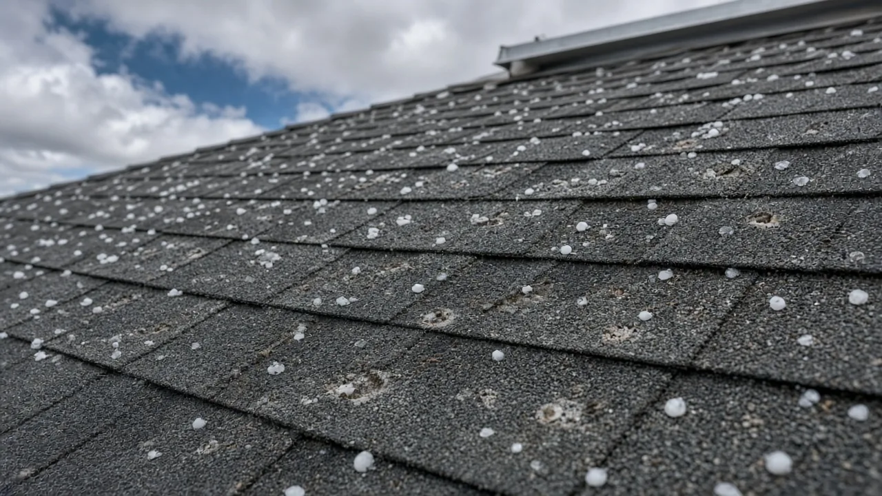 Close-up of hailstones and hail impact marks on asphalt roof shingles, viewed from just above the roofline