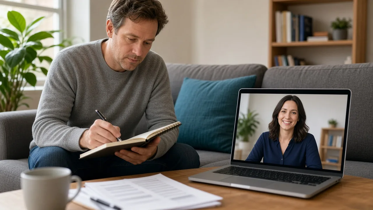Homeowner taking notes on the sofa during a video call with a claim consultant shown on a laptop