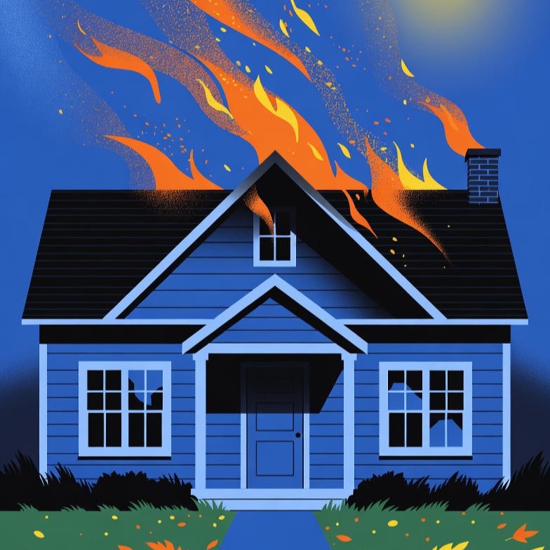 Illustration of a blue house at night with broken windows and flames emerging from the roof, indicating a fire.