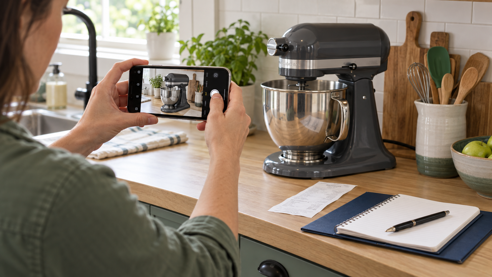 Homeowner recording a video of a living room with a smartphone to create a home inventory