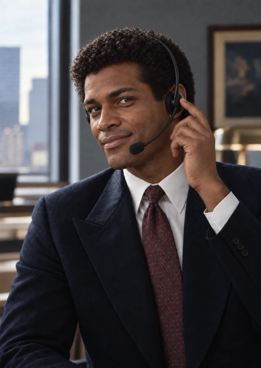 A support agent in a suit wearing a headset