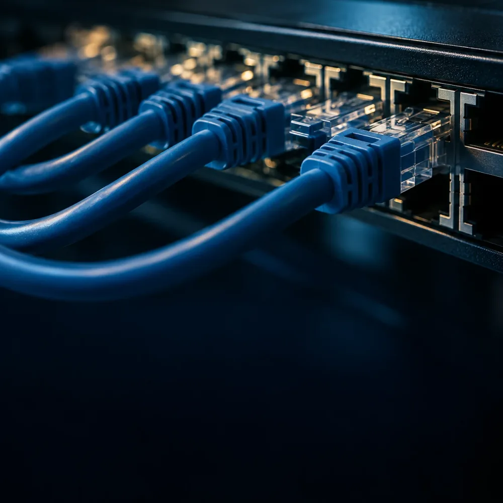 Blue network cables plugged into a network switch