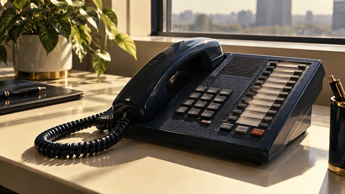 A desk phone on an office desk by a city window