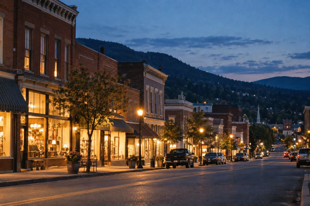 A small-town main street at dusk