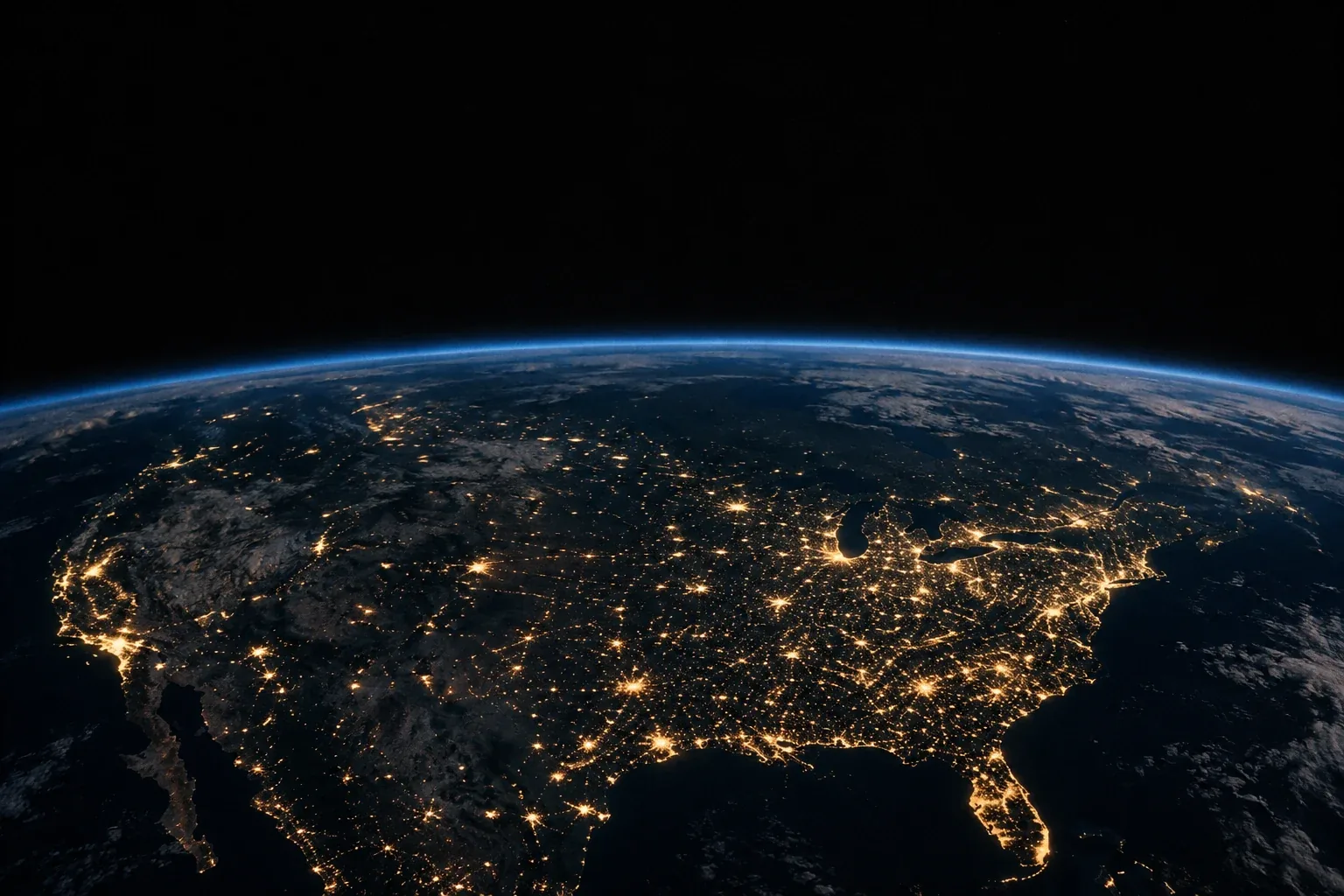 The earth at night with city lights visible from space
