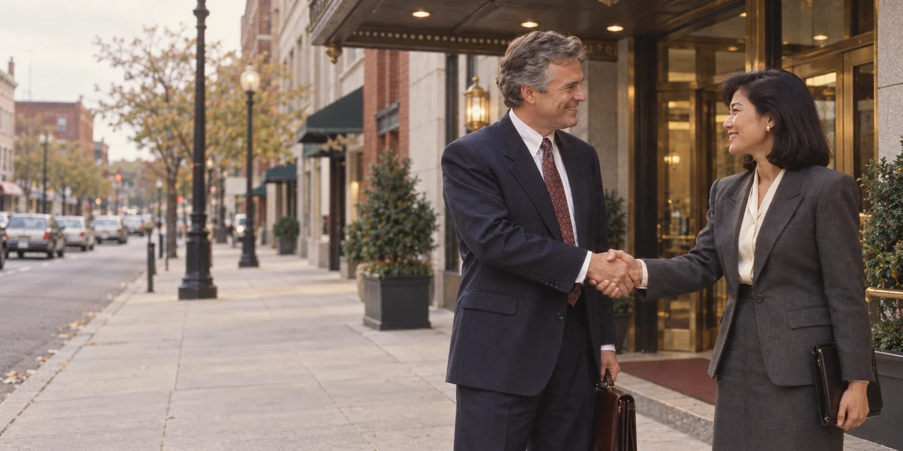 Two business people shaking hands on a small-town sidewalk
