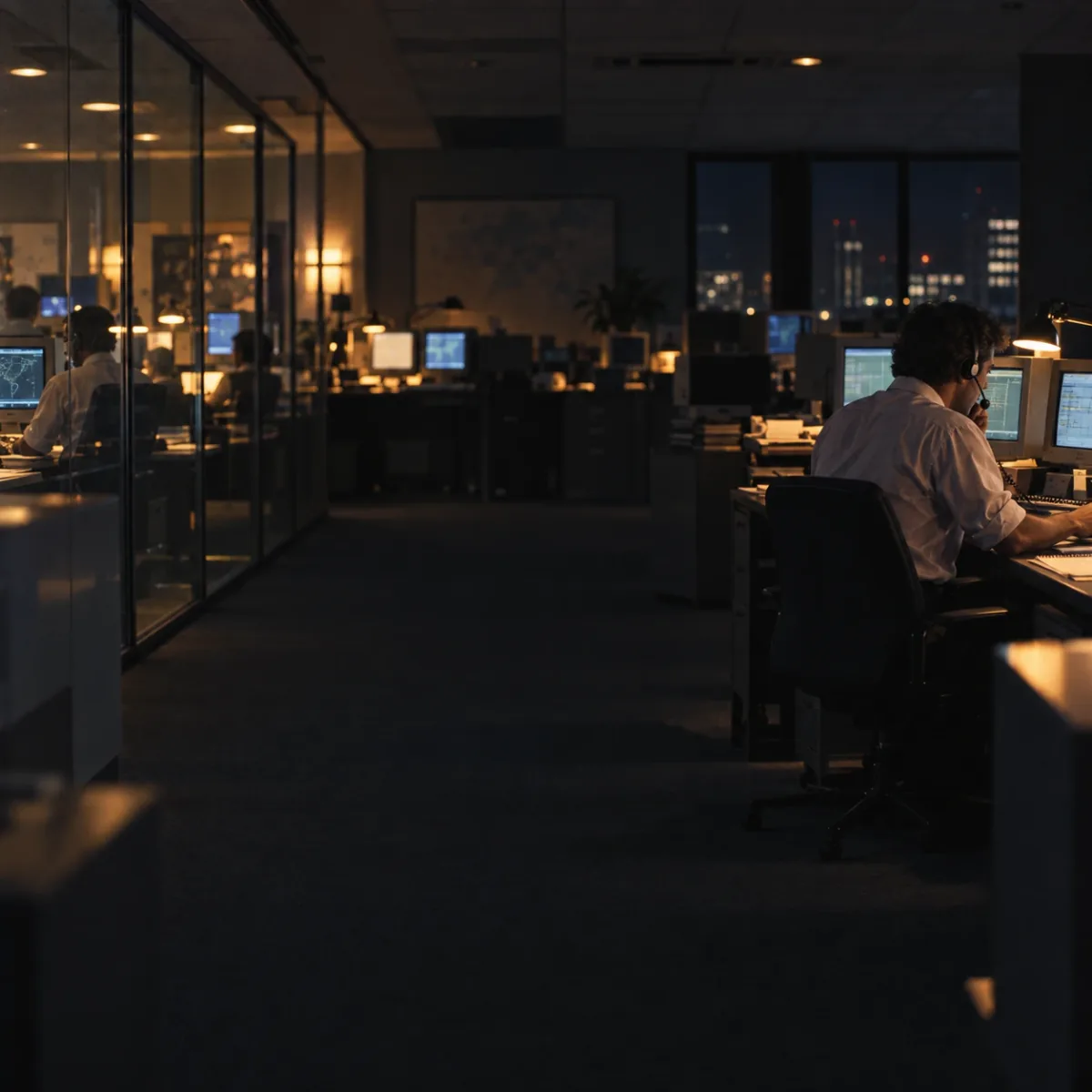An operations floor at night with rows of desks and monitors