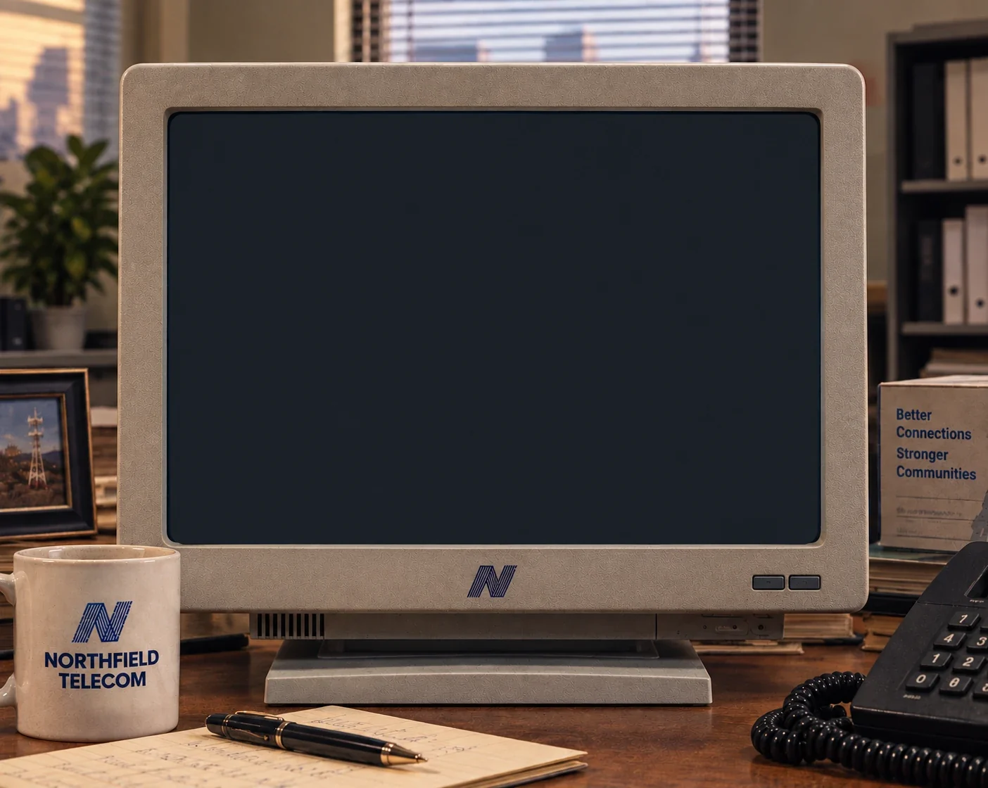 A vintage computer monitor and desk phone on an office desk