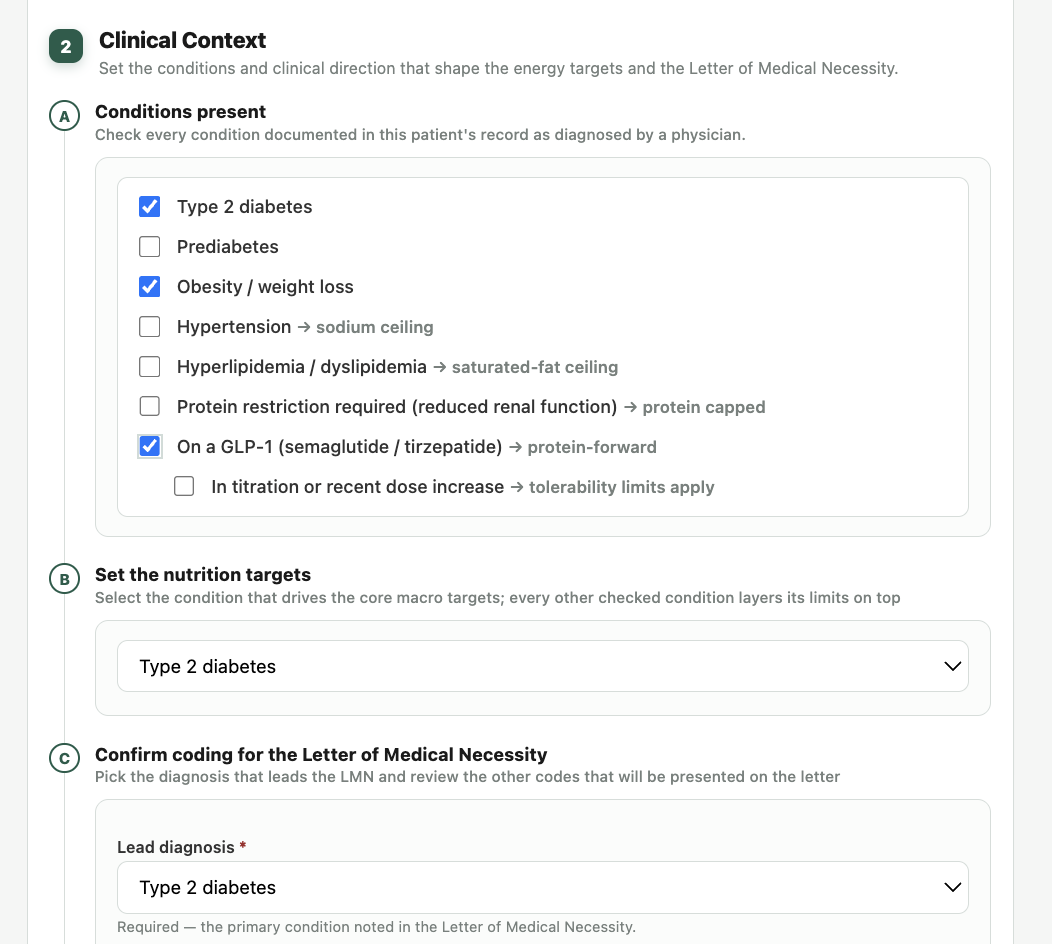 Prado clinical context screen with conditions and nutrition targets