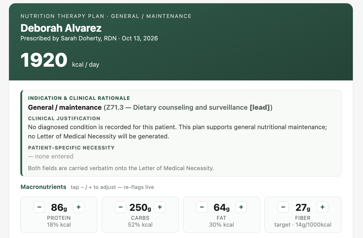 Nutrition therapy plan for Deborah Alvarez, prescribed by Sarah Doherty, RDN