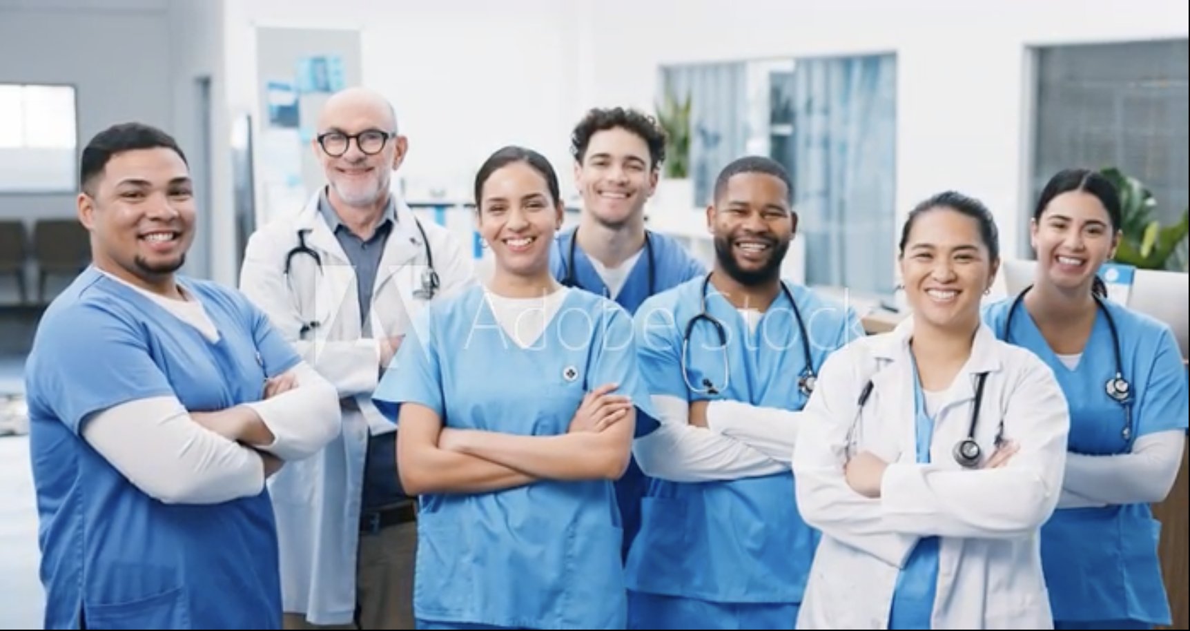 A team of smiling clinicians in scrubs and white coats standing together in a clinic