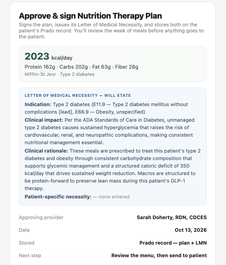 Approve and sign screen for the nutrition therapy plan