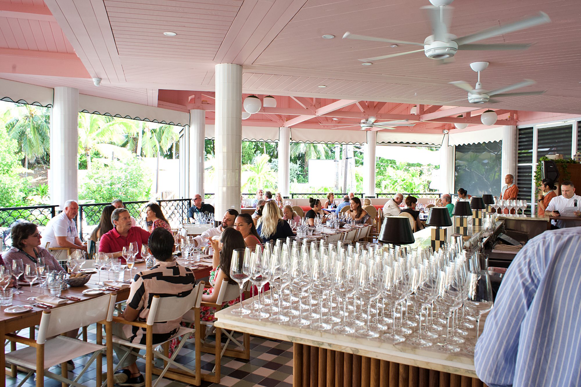 Wine glasses poured for a terrace tasting
