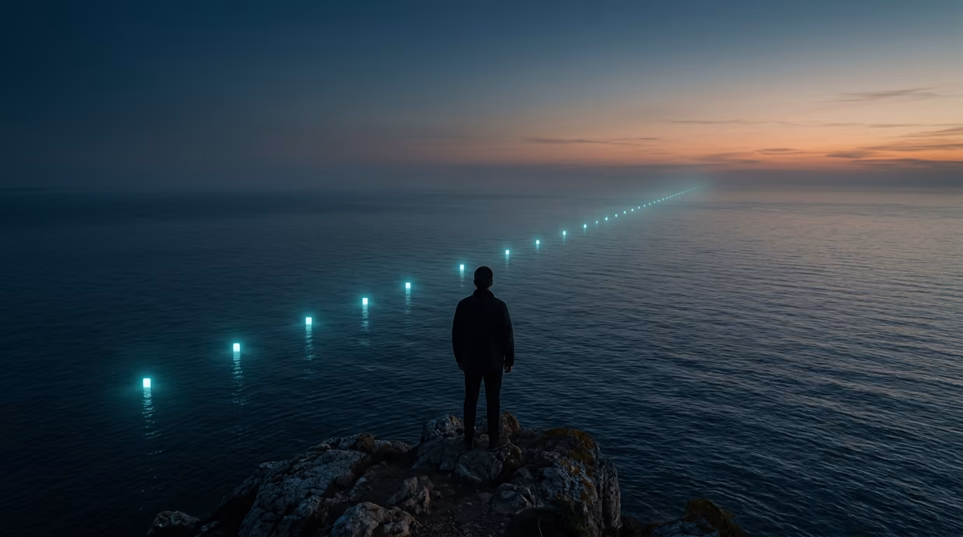 A founder standing at a clifftop at dusk looking at a luminous path of milestones leading to the horizon