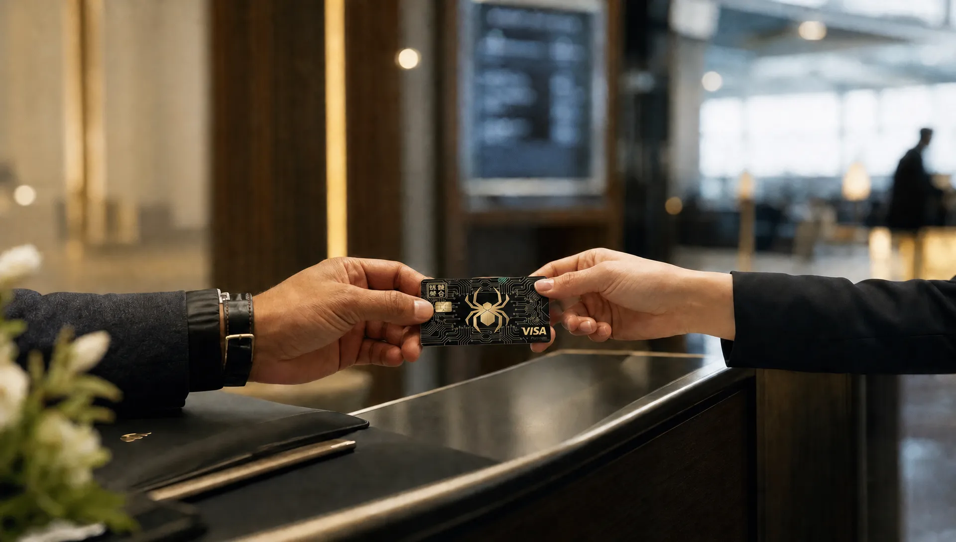 Two people exchange the black and gold CobWeb Pay Legacy Visa Platinum card at a Priority First Class desk