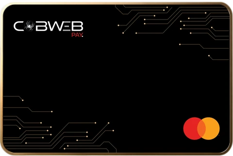 CobWeb Pay virtual card: black card with gold circuit detailing and Mastercard logo